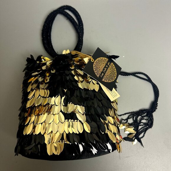 Black Gold metal embellishments Beaded handle Bag purse  Made in India TikTok - Picture 1 of 5